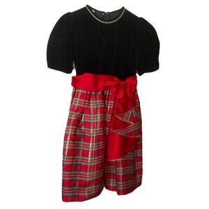 Vtg Isabella Girls Holiday Dress Size 10 Black Velvet Red Plaid Christmas Bow